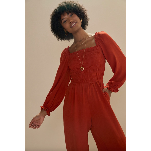 Francescas Womens Rachael Ruffle Hem Jumpsuit Long Sleeve Size Medium Orange NWT - Picture 3 of 10